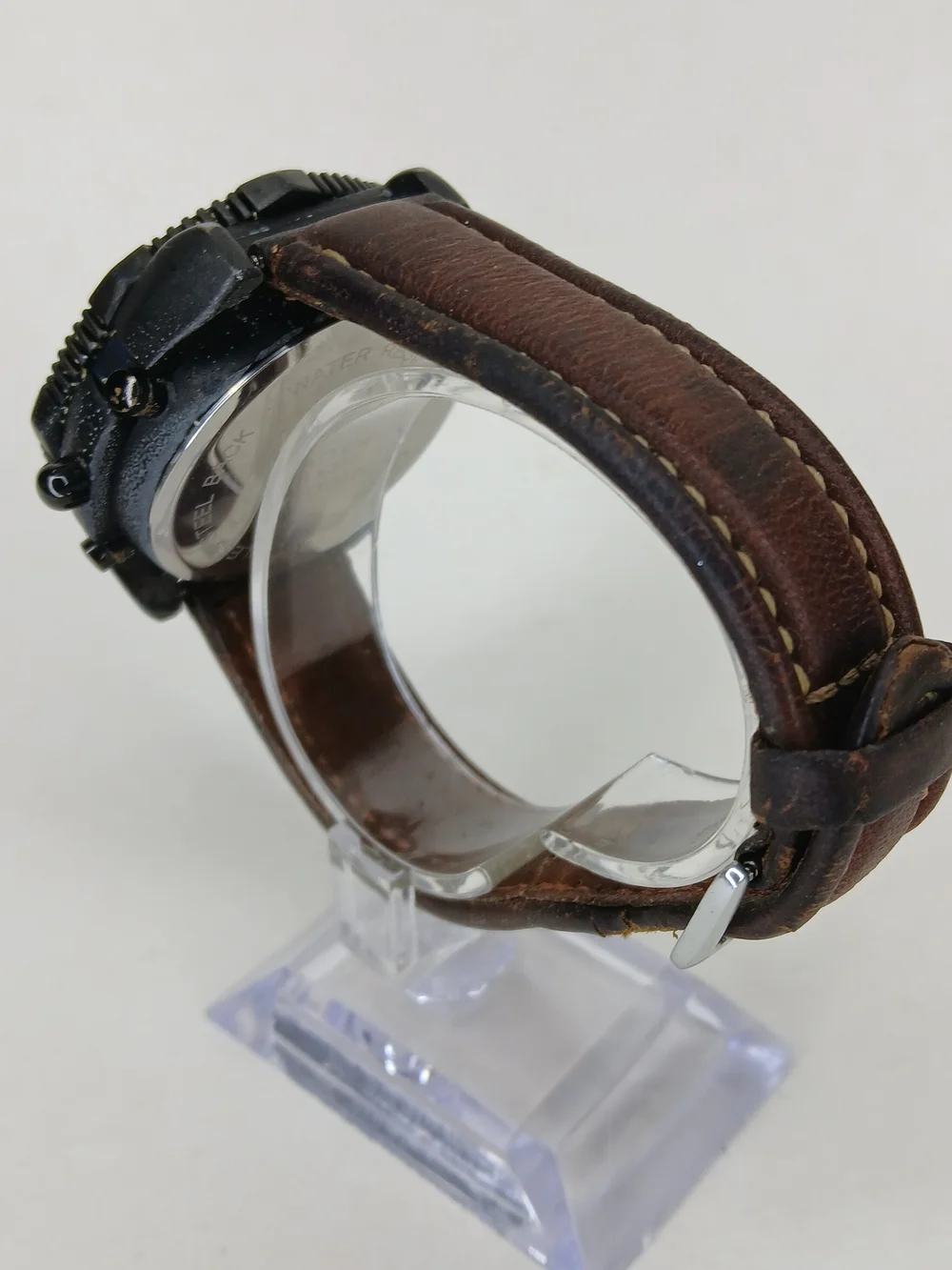 ​Vintage Mens Dual Display Quartz Alarm Chrono Watch Tachymeter Bezel Brown Band